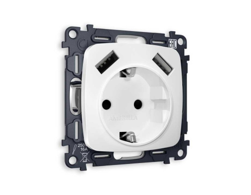 Комплект механизма электрической розетки AMBRELLA VOLT OMEGA Белый матовый 2USB A+A 18W (быстрая зарядка) с/з QUANT (OP1290, VM155) MO129010