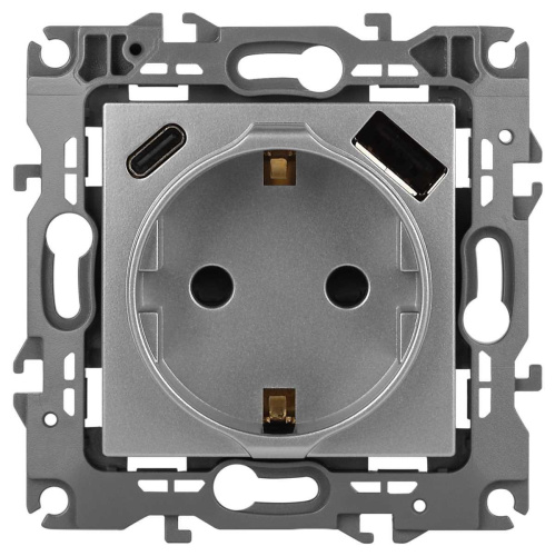 Розетка ЭРА Серия 12 12-4108-03 2P+E 16A-250В со шторками с USB type-A+C 5В-3А алюминий Б0067716 Розетка ЭРА Серия 12 12-4108-03 2P+E 16A-250В со шторками с USB type-A+C 5В-3А алюминий Б0067716