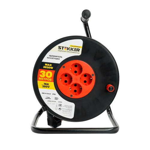 Удлинитель на катушке Stekker STD03-20-30 Standart 4-местный с/з ПВС 3*1,5, оранжевый, 16А, IP20,30м (50184) фото 5