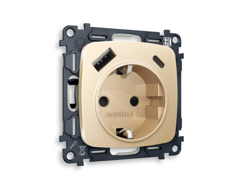 Комплект механизма электрической розетки AMBRELLA VOLT OMEGA Шампань 2USB A+C 20W (быстрая зарядка) с/з QUANT (OP6100, VM160) MO610010