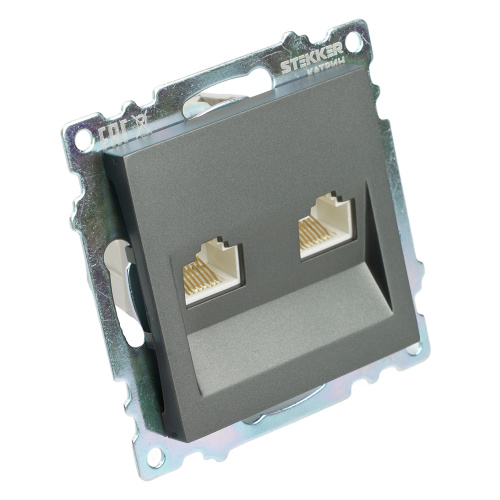 Розетка компьютерная 2-местная RJ-45 (механизм) STEKKER GLS00-7109-06 , серия Катрин, графит фото 2