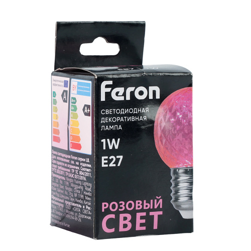 Лампа светодиодная Feron LB-385 Шарик розовый прозрачный E27 1W 230V фото 3