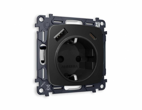 Комплект механизма электрической розетки AMBRELLA VOLT OMEGA Черный матовый 2USB A+C 20W (быстрая зарядка) с/з QUANT (OP8100, VM160) MO810010