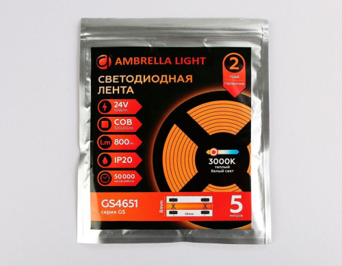 Светодиодная лента Ambrella Light 10W/m 320LED/m COB теплый белый 5M GS4651 фото 6