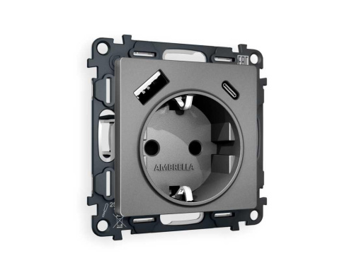 Комплект механизма электрической розетки AMBRELLA VOLT ALFA Антрацит серый 2USB A+C 20W (быстрая зарядка) с/з QUANT (AP6600, VM160) MA660010