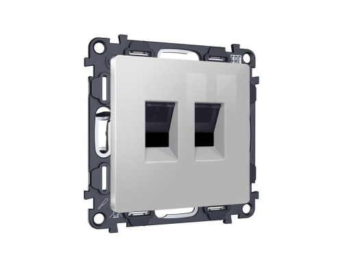 Комплект механизма компьютерной двойной розетки RJ-45 (8P8C) CAT6 с автоматической защитной шторкой ALFA Серебро глянец QUANT (AP4121, VM189) MA412110