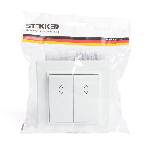 Переключатель 2-клавишный STEKKER  PSW10-9005-01, 250В, 10А, серия Эрна, белый фото 4