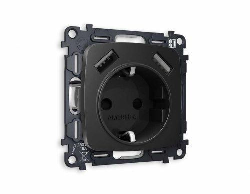 Комплект механизма электрической розетки AMBRELLA VOLT OMEGA Черный матовый 2USB A+A 18W (быстрая зарядка) с/з QUANT (OP8090, VM155) MO809010