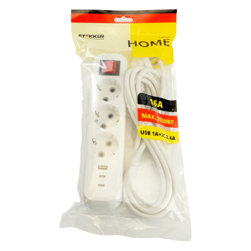 Удлинитель 3-местный с/з с выключ. STEKKER HM071-31-03 3x1мм2, 3м, 250В, 16А, 1USB+2C, 2.4A, сер Home, белый фото 10