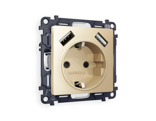 Комплект механизма электрической розетки AMBRELLA VOLT ALFA Шампань 2USB A+A 18W (быстрая зарядка) с/з QUANT (AP6060, VM155) MA609010