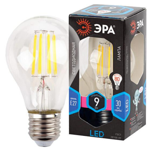 Лампа светодиодная филаментная ЭРА E27 9W 4000K прозрачная F-LED A60-9W-840-E27 Б0043434 фото 2
