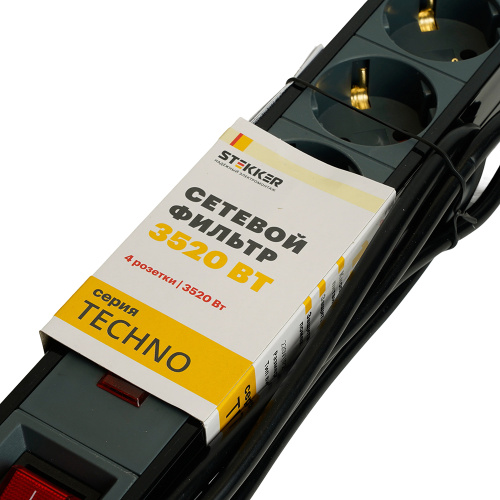 Сетевой фильтр 3-местный с/з STEKKER 3x1мм2, 1,8 м, 250В, 16А, серия Techno, HM22-31-02, черный фото 9