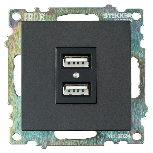 Розетка USB 2-местная (механизм), STEKKER GLS10-7115-05, 250B, 2,1А, серия Катрин, черный