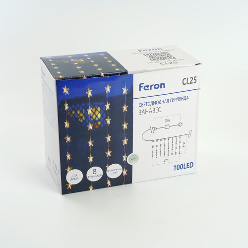 Светодиодная гирлянда Feron CL25 занавес Звездочки  2*1м  + 3м 5000K с контроллером, c питанием от сети 230V, прозрачный шнур фото 7