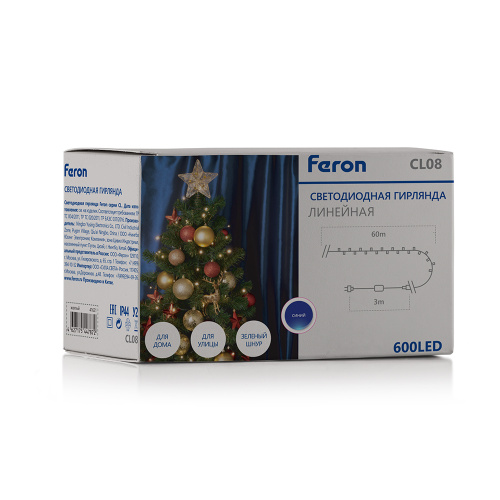 Светодиодная гирлянда Feron CL08 линейная 60м + 3м 230V синий, статичная,c питанием от сети, зеленый шнур фото 6