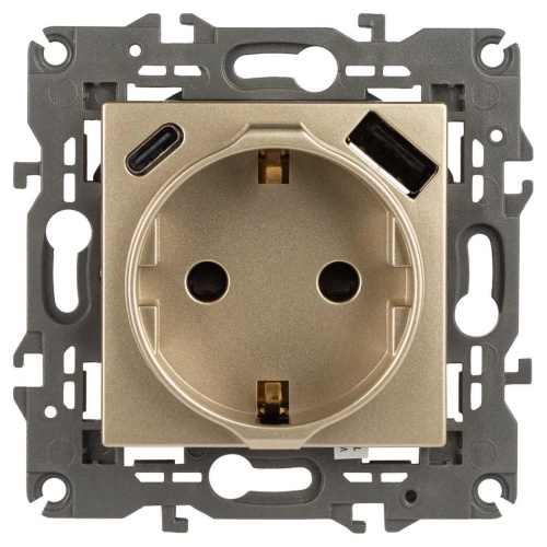 Розетка ЭРА Elegance 14-4108-04 2P+E 16A-250В со шторками с USB type-A+C 5В-3А шампань Б0067740 Розетка ЭРА Elegance 14-4108-04 2P+E 16A-250В со шторками с USB type-A+C 5В-3А шампань Б0067740