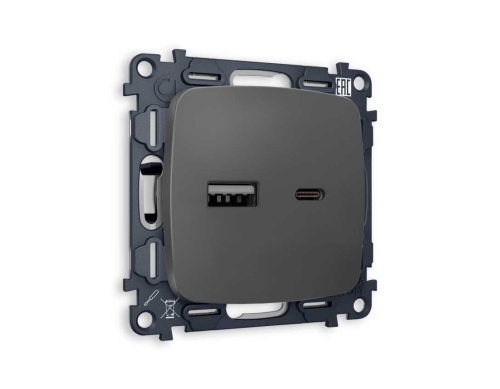 Комплект механизма розетки AMBRELLA VOLT OMEGA Графит мягкое касание 2USB A+C 20W (быстрая зарядка) QUANT (OP9110, VM177) MO911010