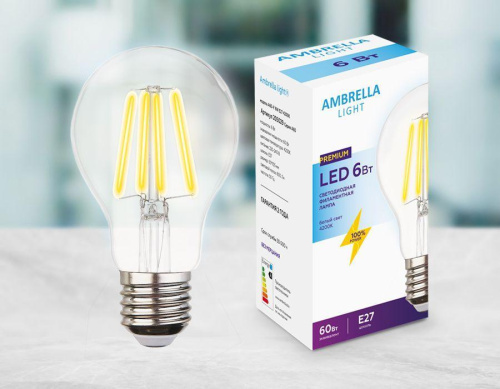 Лампа светодиодная филаментная Ambrella light E27 6W 4200K прозрачная 205029 Лампа светодиодная филаментная Ambrella light E27 6W 4200K прозрачная 205029