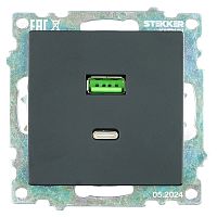 Розетка 2-местная USB + type C (механизм), STEKKER GLS10-7116-05, 250B, 3А, серия Катрин, черный