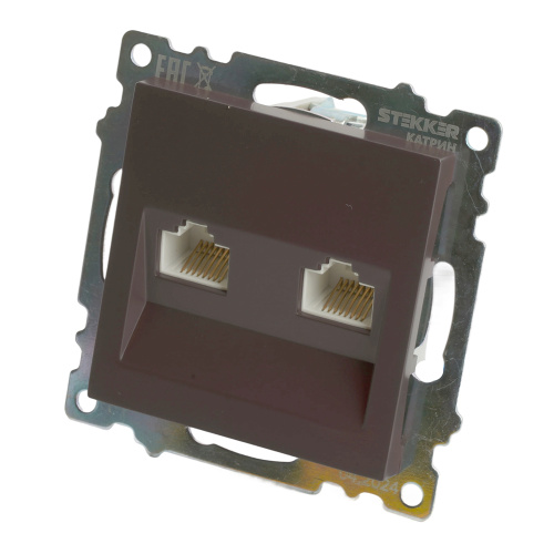 Розетка компьютерная 2-местная RJ-45 (механизм) STEKKER GLS00-7109-04, серия Катрин, шоколад фото 2