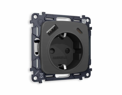 Комплект механизма электрической розетки AMBRELLA VOLT OMEGA Графит мягкое касание 2USB A+C 20W (быстрая зарядка) с/з QUANT (OP9100, VM160) MO910010