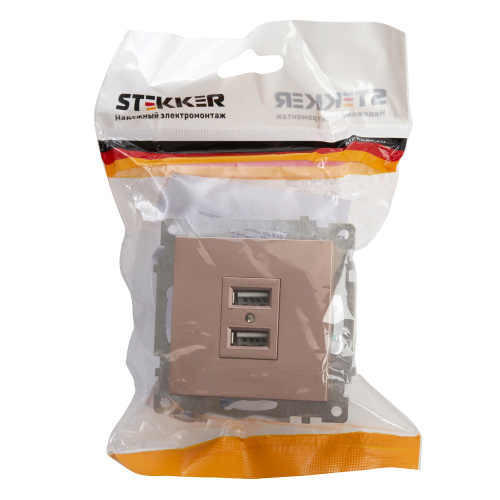 Розетка USB 2-местная (механизм), STEKKER GLS10-7115-02, 250B, 2,1A, серия Катрин, шампань фото 3