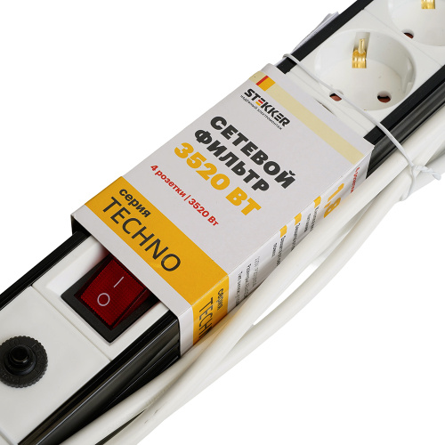 Сетевой фильтр 4-местный с/з STEKKER 3x1мм2, 3 м, 250В, 16А, серия Techno, HM22-41-03, белый фото 8