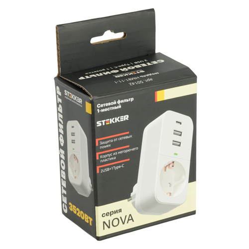Сетевой фильтр 1-местный с/з STEKKER 250В, 16А,  2USB+1Type-C 2,4 A, серия Nova, HM81-11-1, белый фото 8