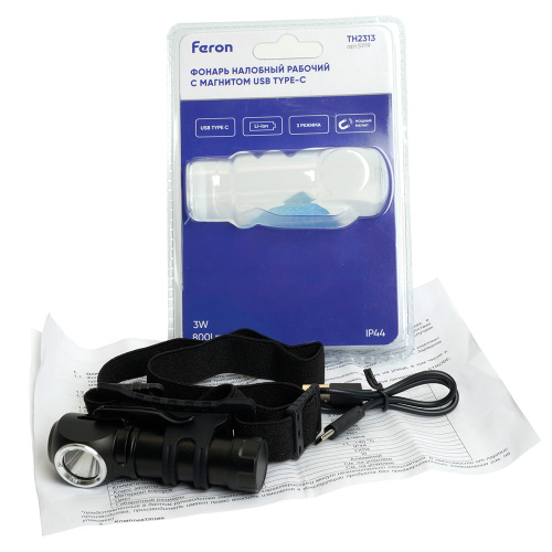 Фонарь налобный Feron TH2313 с аккумулятором 3W 1COB USB IP44, алюминий фото 9