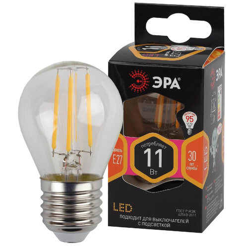 Лампа светодиодная филаментная ЭРА E27 11W 2700K прозрачная F-LED P45-11w-827-E27 Б0047013 фото 2