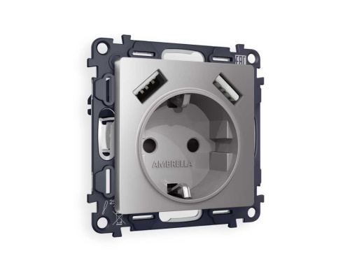Комплект механизма электрической розетки AMBRELLA VOLT ALFA Сталь матовый 2USB A+A 18W (быстрая зарядка) с/з QUANT (AP5090, VM155) MA509010